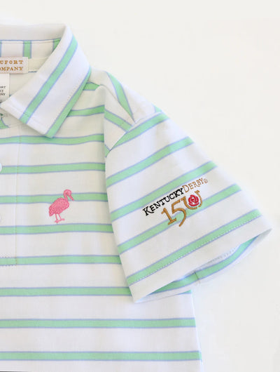 T.B.B.C. x Derby Prim & Proper Polo & Onesie - Worth Avenue White, Park City Periwinkle, and Grace Bay Green Stripe with Hamptons Hot Pink Stork