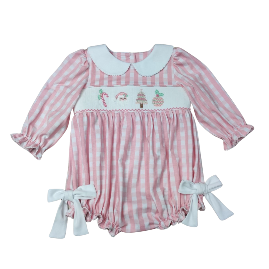 SMOCKED COLLARED BUBBLE PINK CHRISTMAS