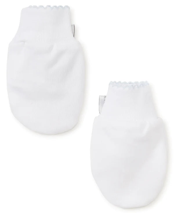 White baby mittens with light blue trim