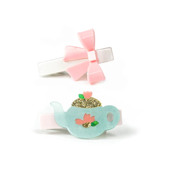 Teapot and bow hair clips