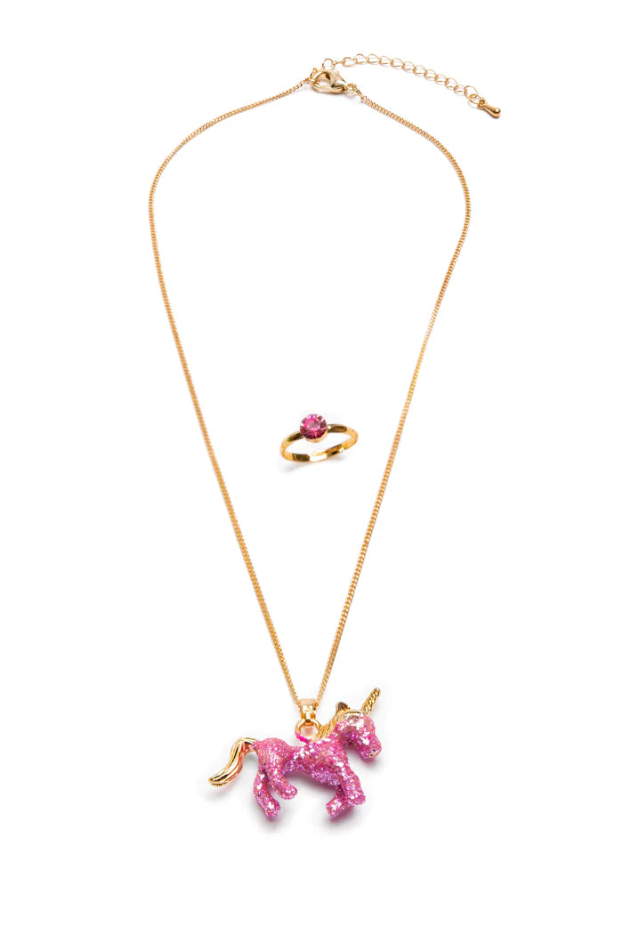 Glitter unicorn necklace and ring set
