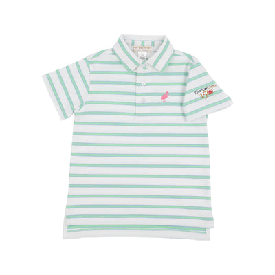 T.B.B.C. x Derby Prim & Proper Polo & Onesie - Worth Avenue White, Park City Periwinkle, and Grace Bay Green Stripe with Hamptons Hot Pink Stork