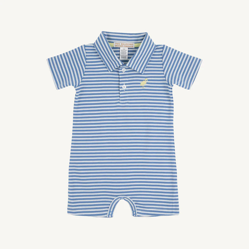 Sir Proper's Romper - Barbados Blue Stripe with Bellport Butter Yellow Stork