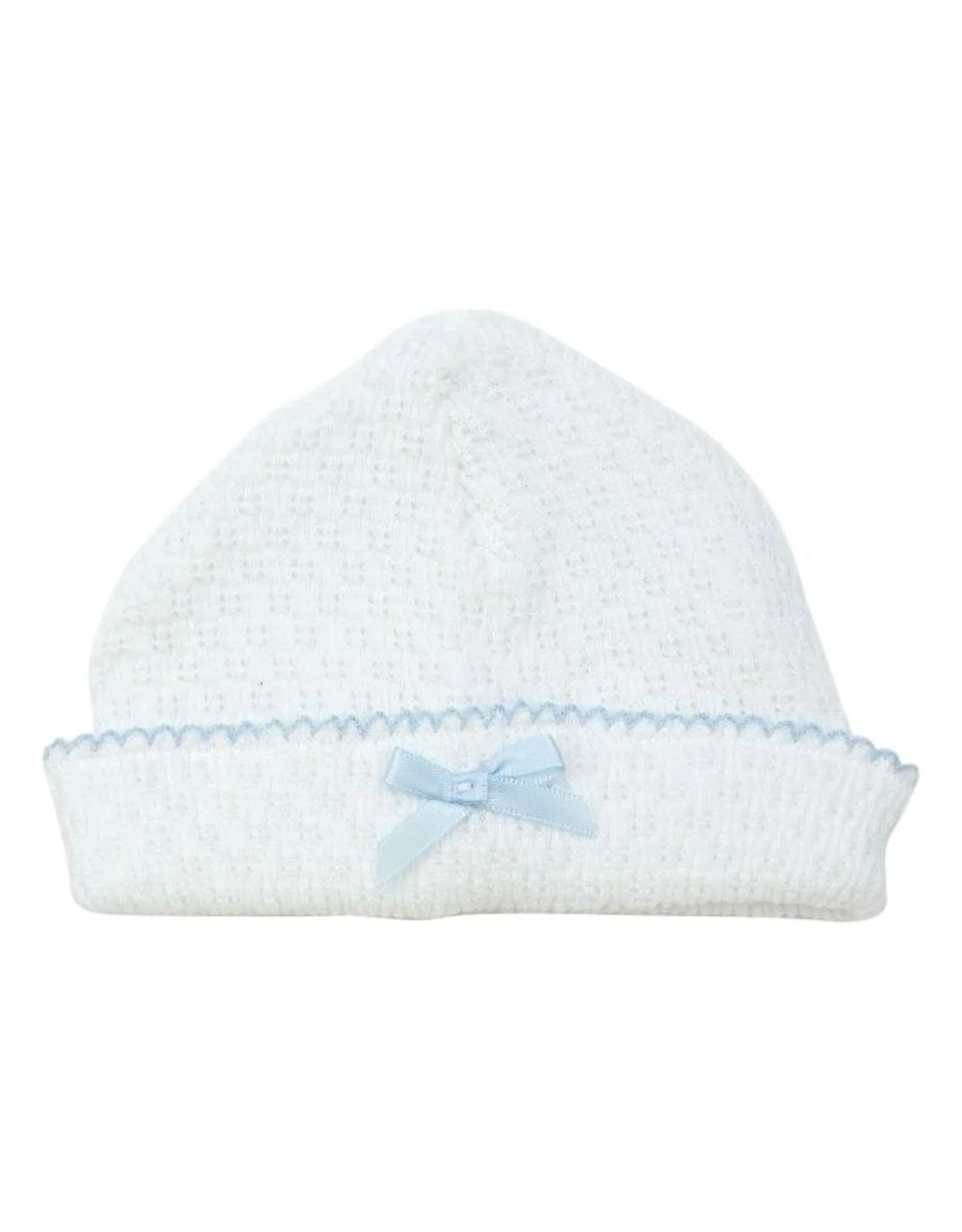White cap with blue trim and bow