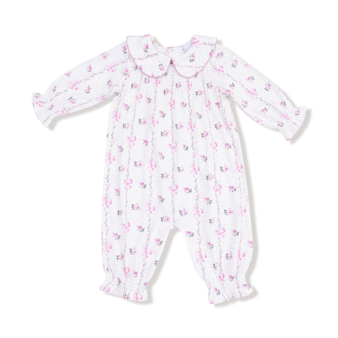 SMOCKED ROMPER DAINTY BUDS AND BOWS