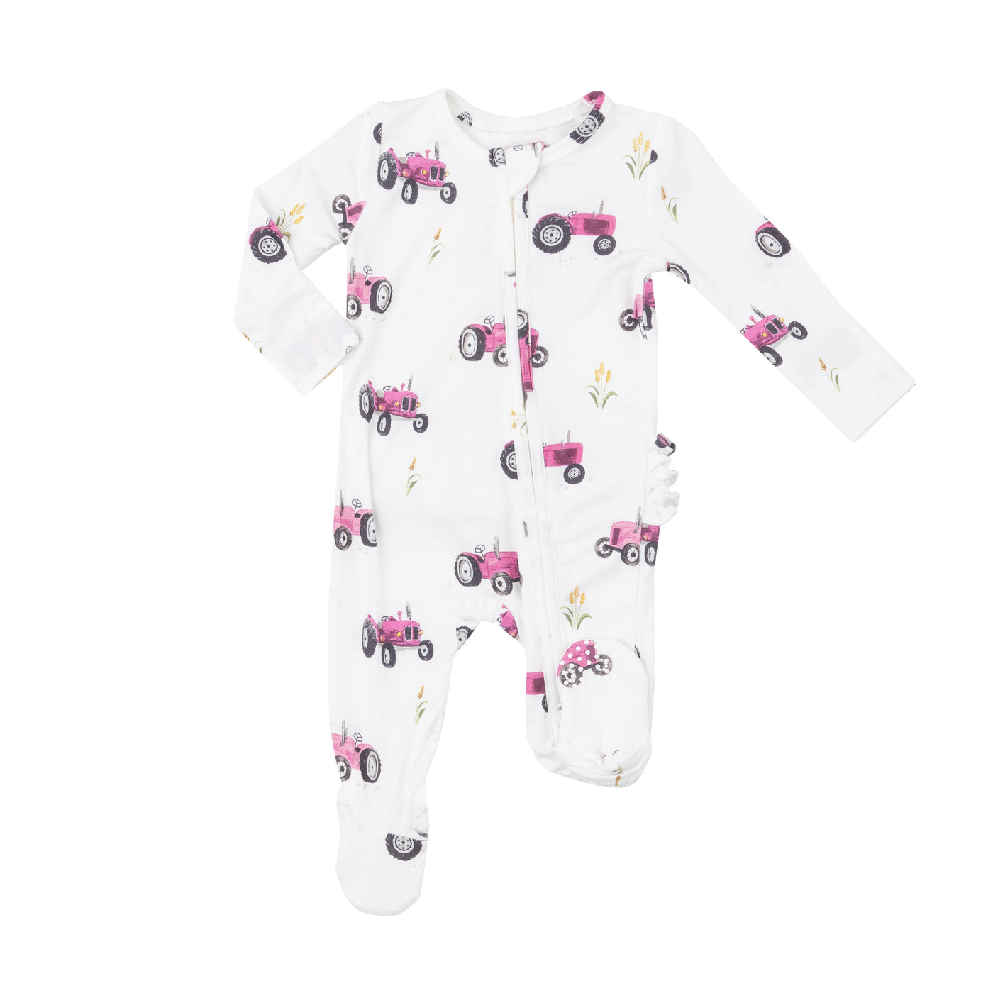 Pink tractor ruffle footie