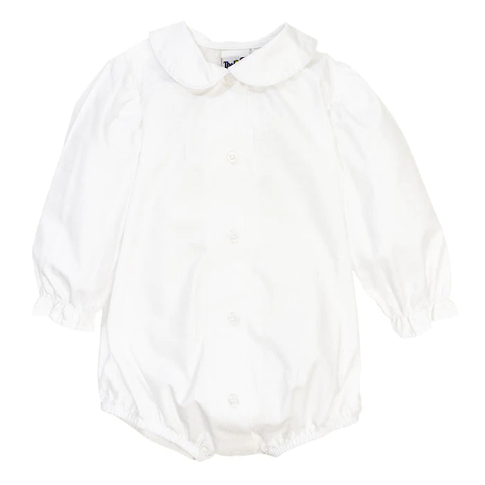 Girls piped button front onesie- long sleeve/ white
