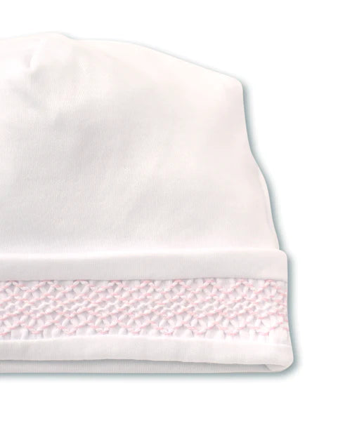 White hat with pink smocking