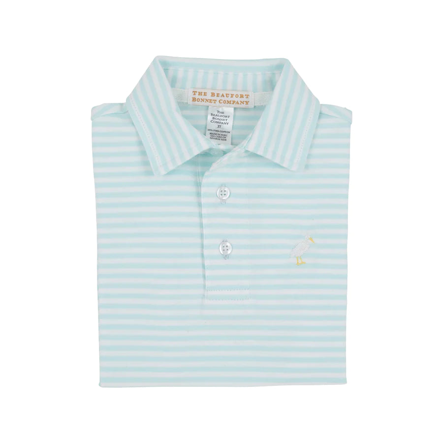 Prim and Proper Polo & Onesie - Sea Island Seafoam Stripe with Multicolor Stork